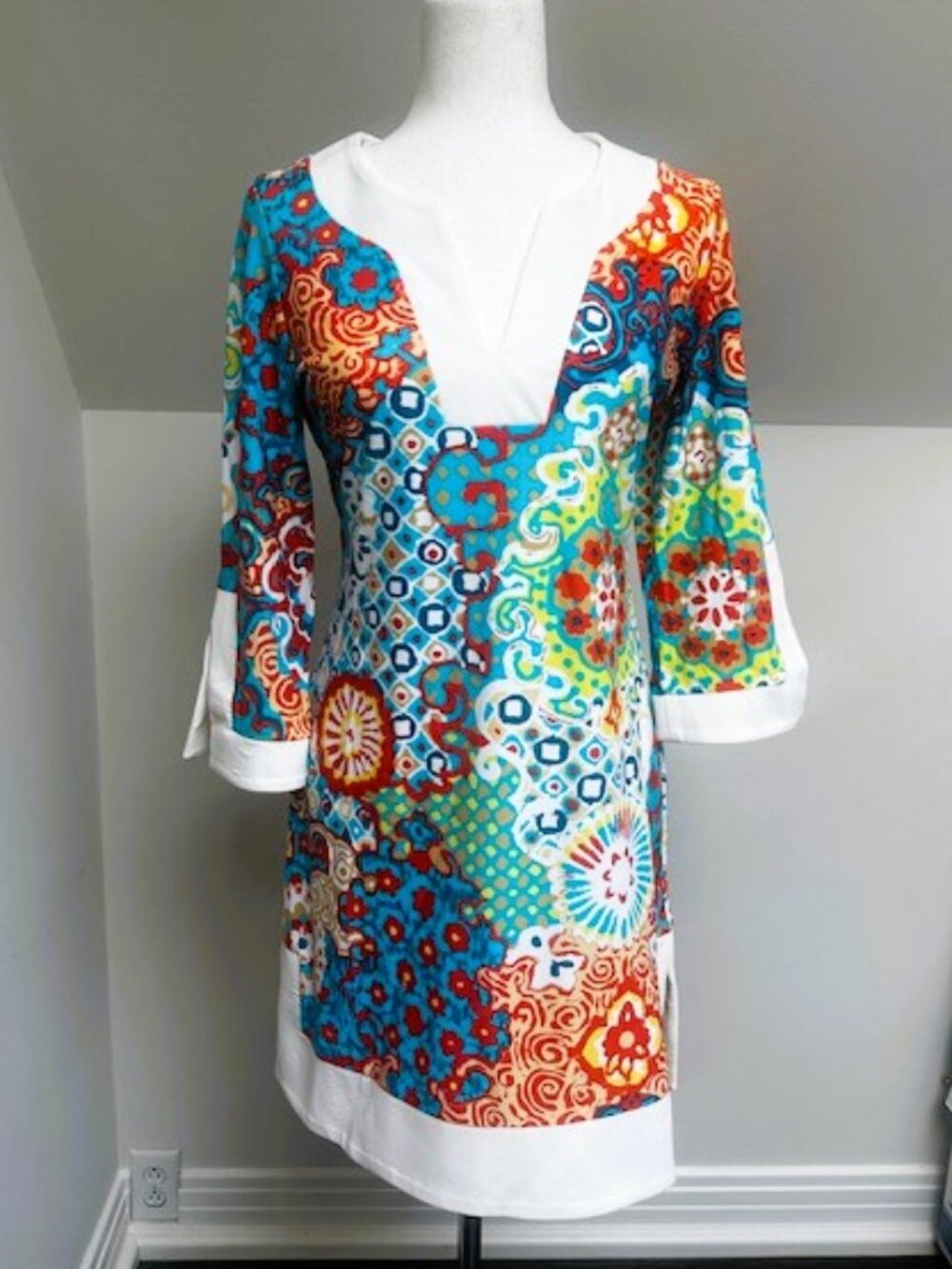 Jude Connally Aqua Orange Yellow White Pattern Tunic Dress Small